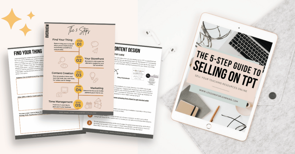 5-step guide to selling on TpT preview: Steps, content design, finding your niche.