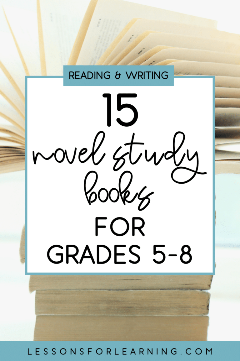 Novel study books for grades 5 to 8 and upper elementary featuring a stack of books