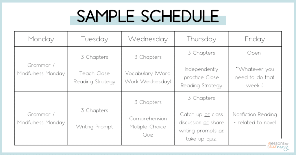 sample schedule for book study unit