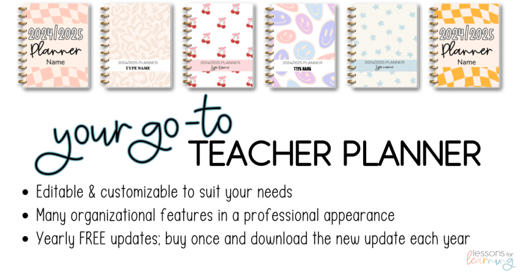 teacher planner cover options and details about why it is great (e.g., free yearly updates)