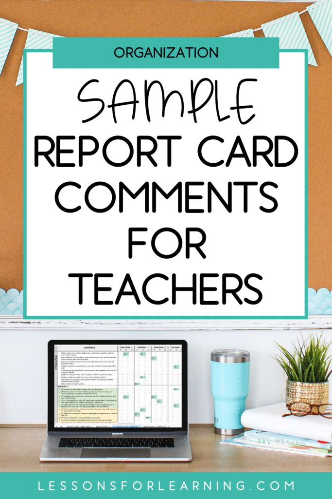 Report card comments for teachers banner with desk background